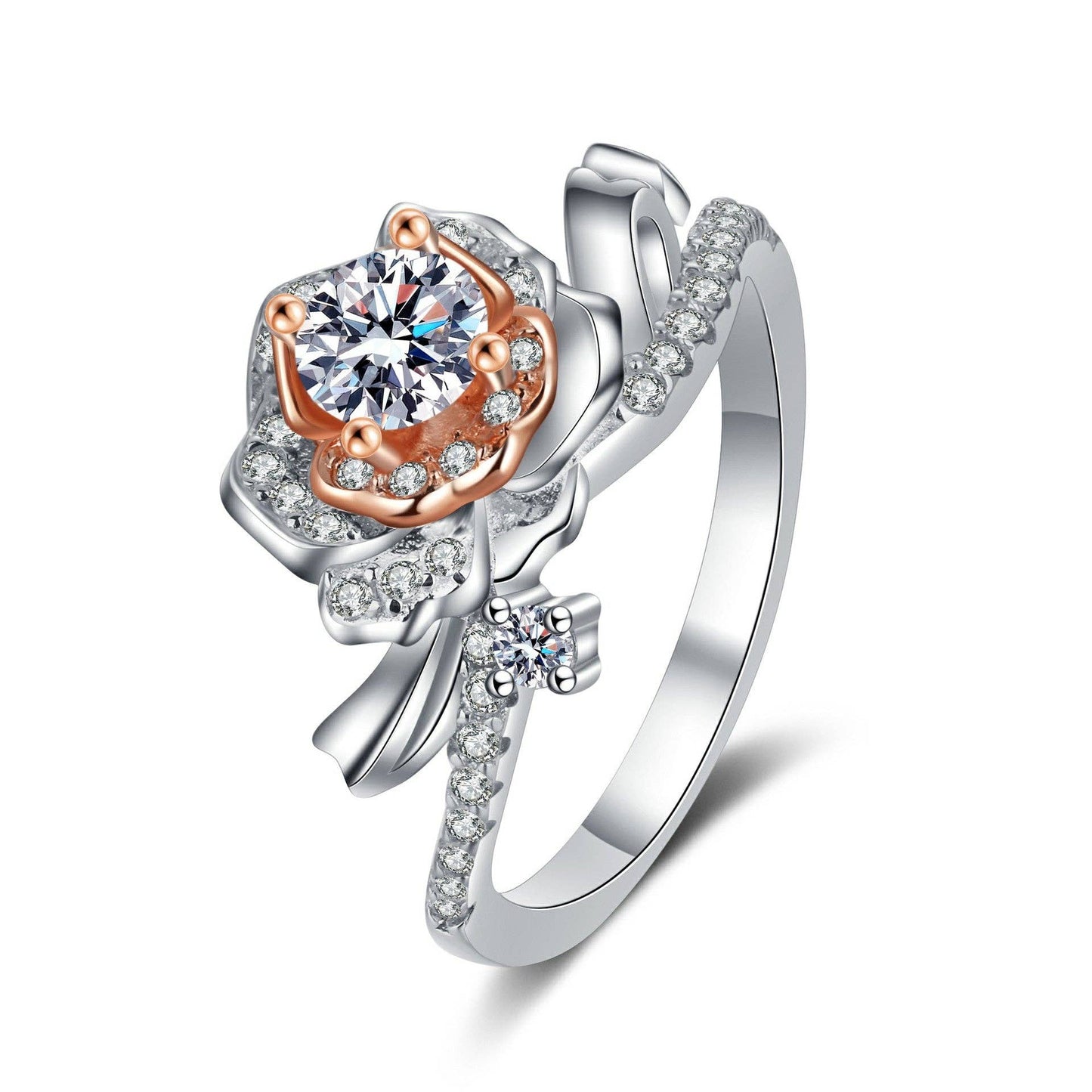 Moissanite Rose Flower Engagement Ring in Sterling Silver