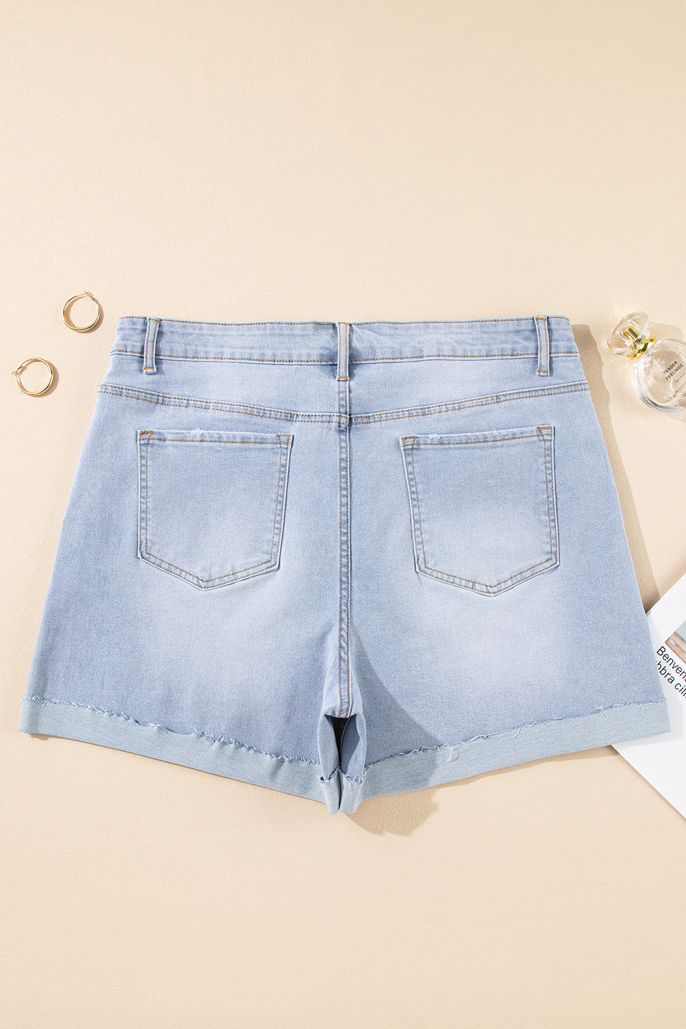 Sail Blue Folded Edge High Waist Plus Size Denim Shorts