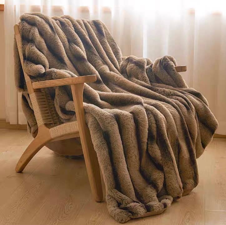 Ultra Soft Faux Rabbit Fur Throw Blanket, Brown, Queen Size (60" x 80" / 150 x 200 cm)