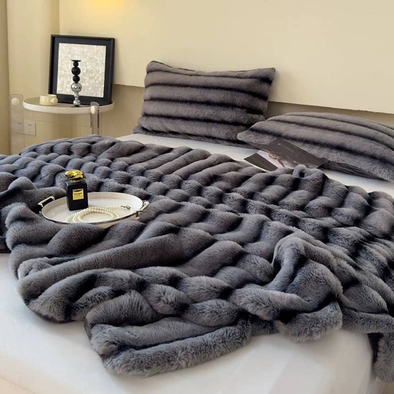 Ultra Soft Faux Rabbit Fur Throw Blanket, Bluish Grey, Queen Size (60" x 80" / 150 x 200 cm)