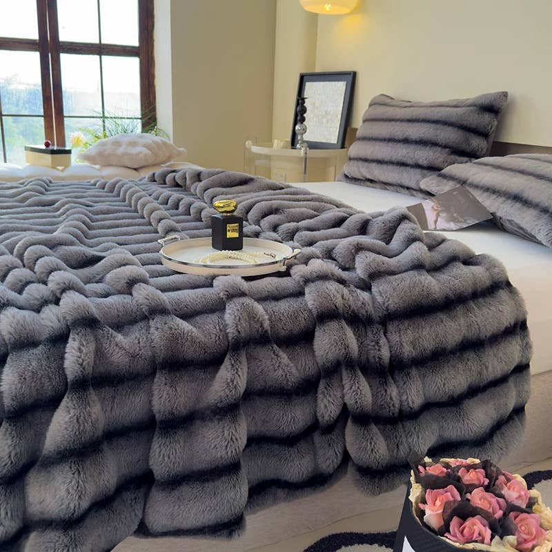 Ultra Soft Faux Rabbit Fur Throw Blanket, Bluish Grey, Queen Size (60" x 80" / 150 x 200 cm)