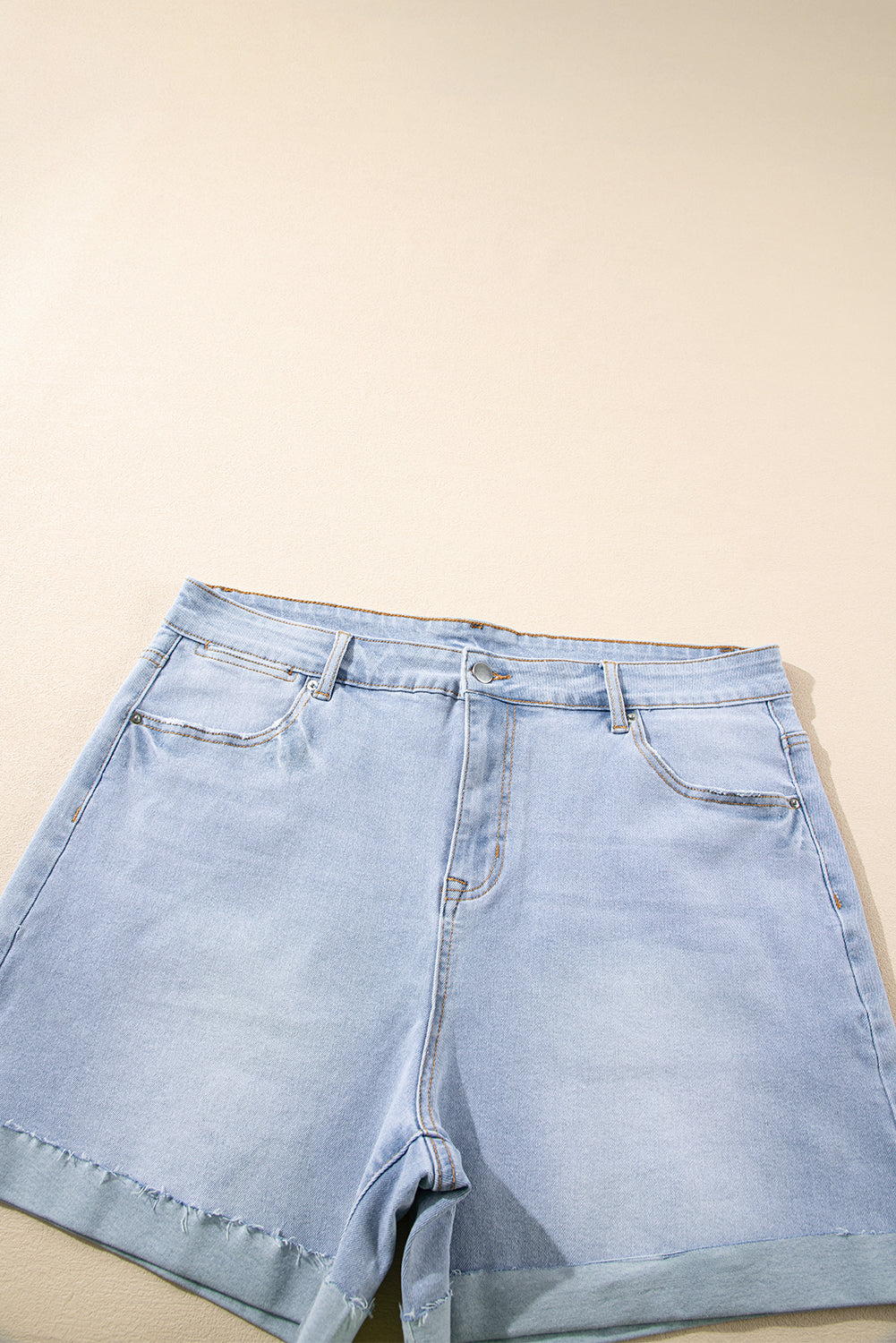 Sail Blue Folded Edge High Waist Plus Size Denim Shorts