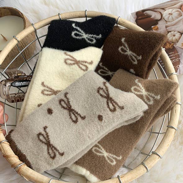 408 Plush Bow Ribbon Soft Warm Socks