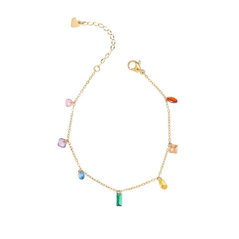 Rainbow Color Gemstone Charm Necklace in Stainless Steel