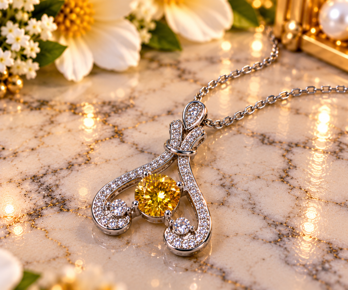 #149- 1.2CT Yellow Moissanite Round Brilliant Statement Pendant – .925 Sterling Silver – Certified