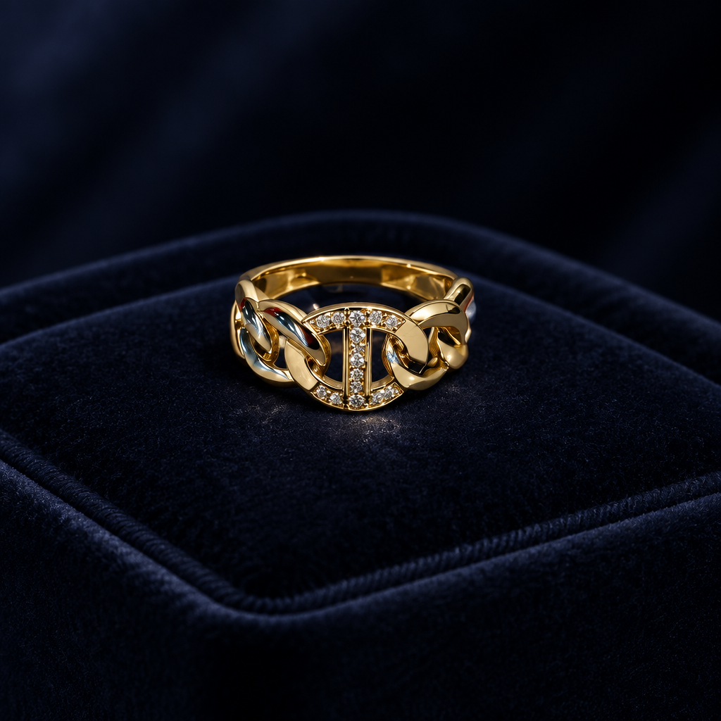 #105- 18K Yellow Gold Filled CZ Chain-Link Ring – Size 8