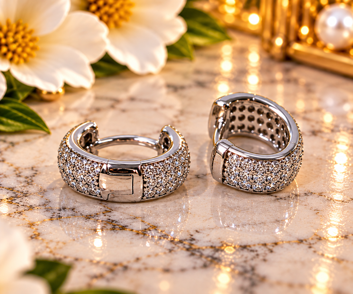 #1158- 0.56 CTW Moissanite Pavé Huggie Hoop Earrings – .925 Sterling Silver