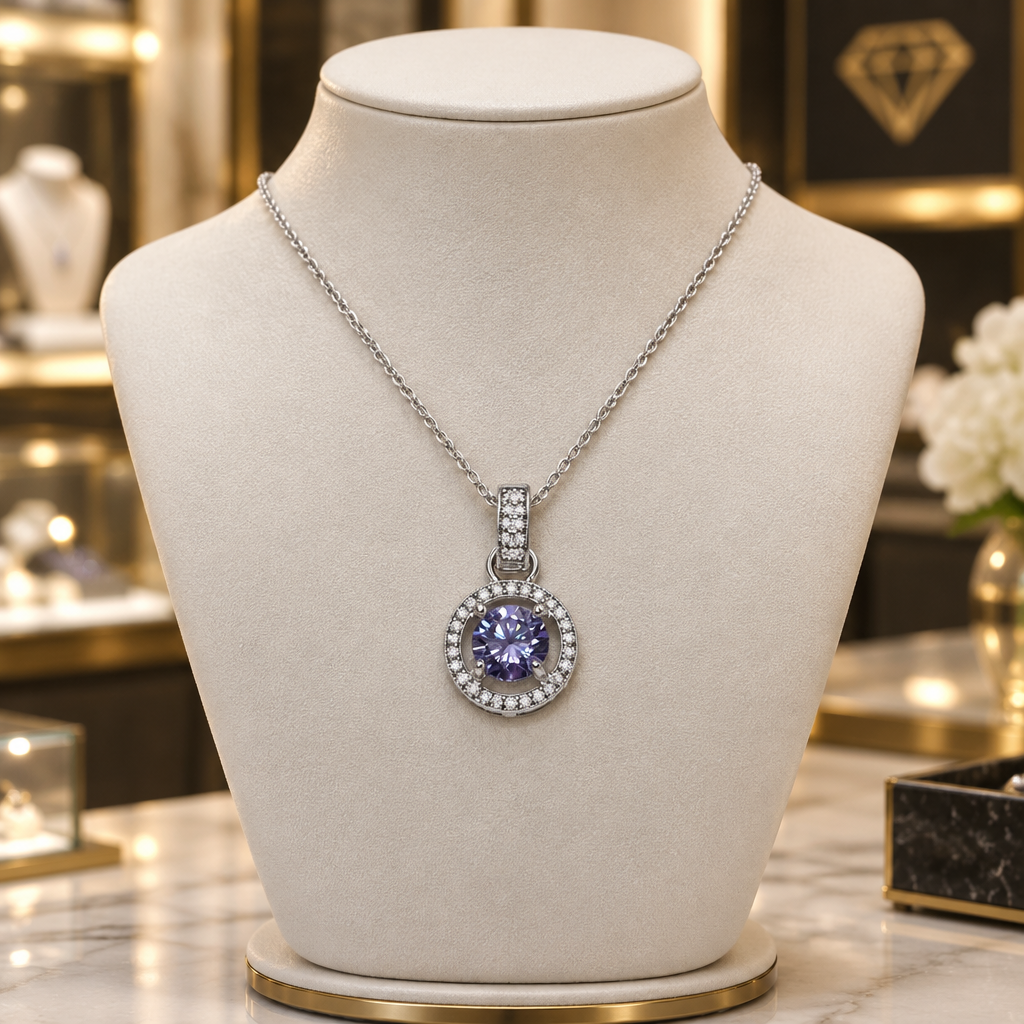 #1141-1 CTW Lavender Moissanite Halo Pendant – .925 Sterling Silver