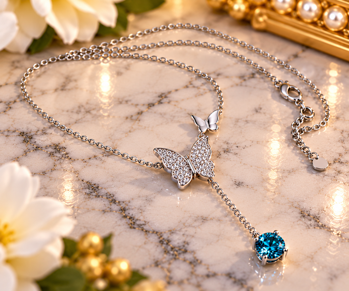 #134-1CTW Blue Topaz Color Moissanite Butterfly Lariat Y-Necklace – .925 Sterling Silver
