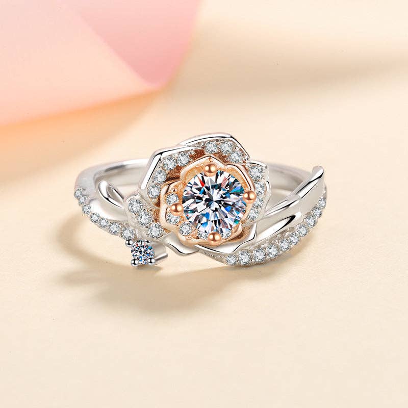 Moissanite Rose Flower Engagement Ring in Sterling Silver