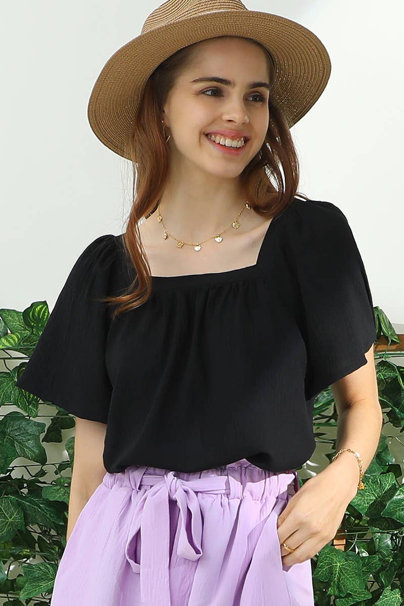 CWTBLS192-P_SQURE NECK RUFFLE NECK SHORT SLEEVE BLOUSES TOP