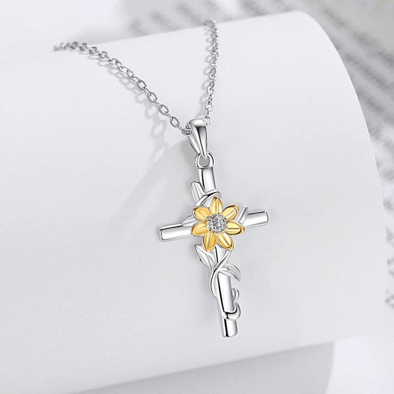 357 Gold Sunflower Cross Pendant Necklace in 925 Sterling Silver