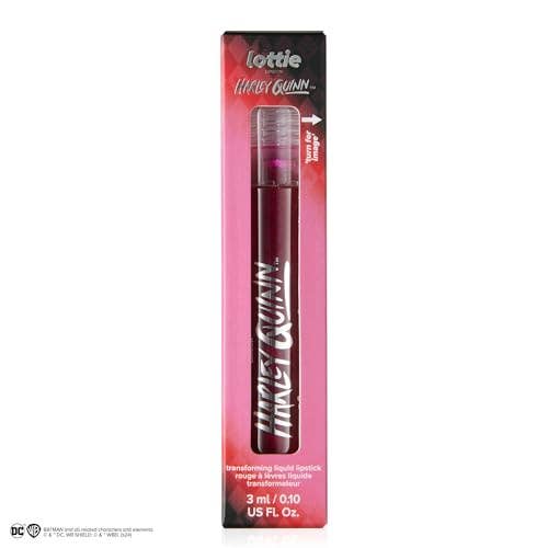 Lottie London x Harley Quinn Transforming Liquid Lipstick in Killin It, Transforming liquid lipstick with a metallic glitter finish in a deep berry shade