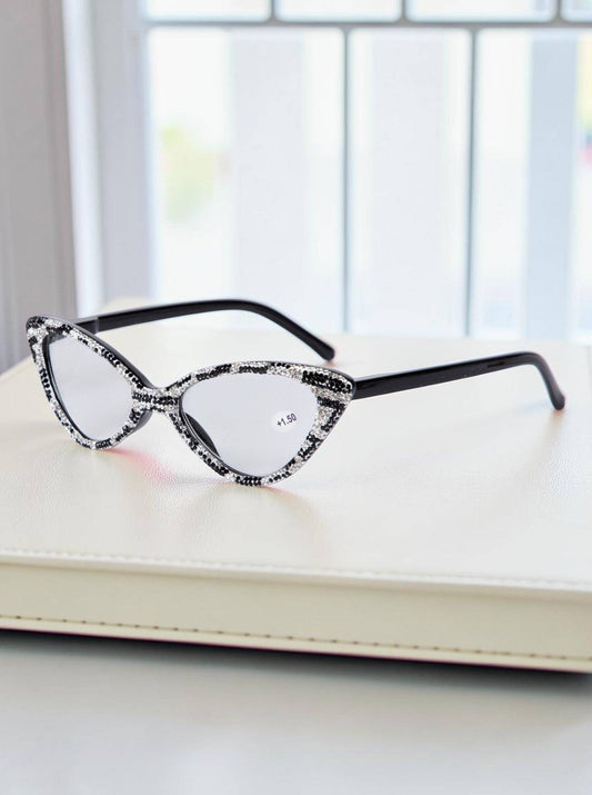 Handmade Rhinestone Cat Eye Reader Glasses G0404- White