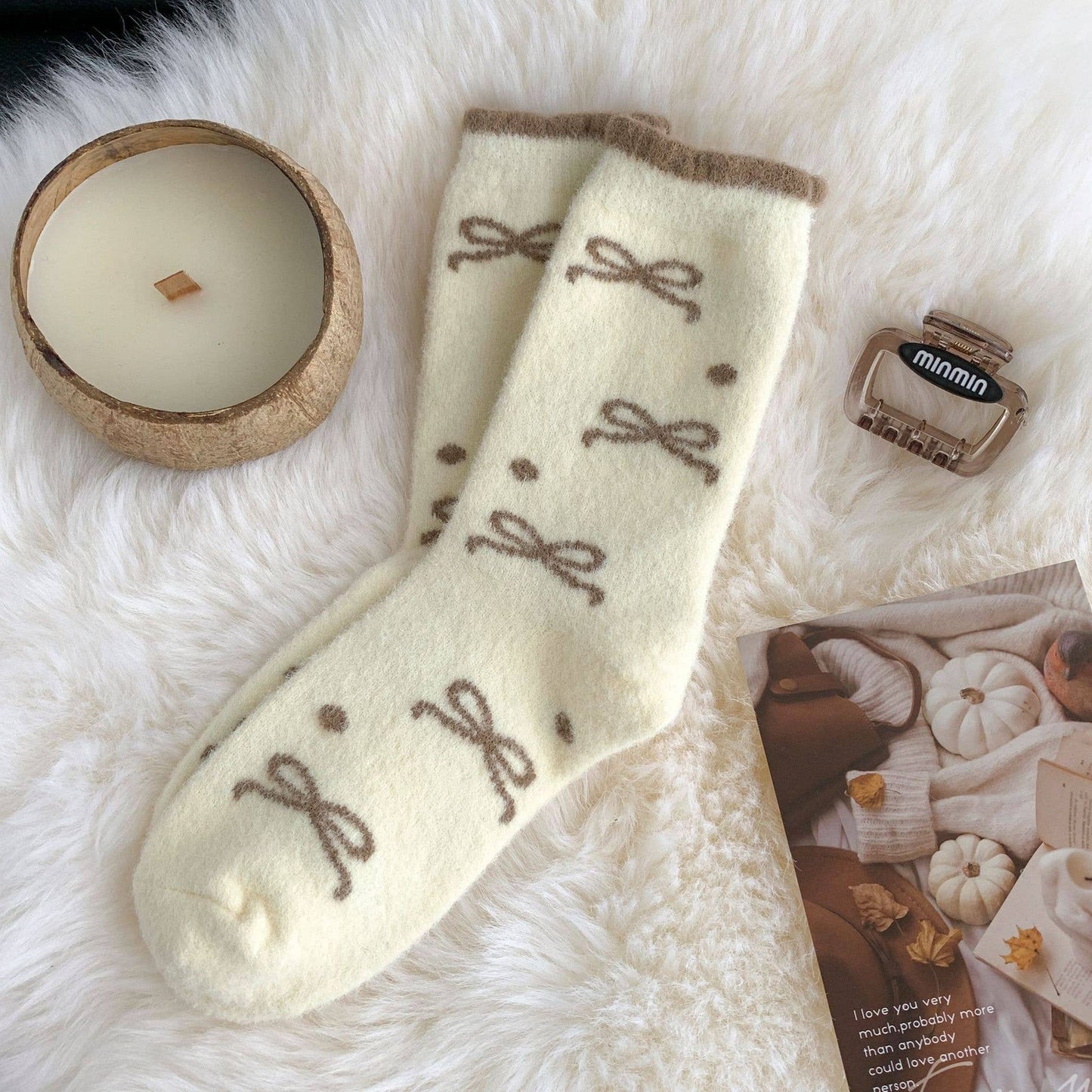 408 Plush Bow Ribbon Soft Warm Socks