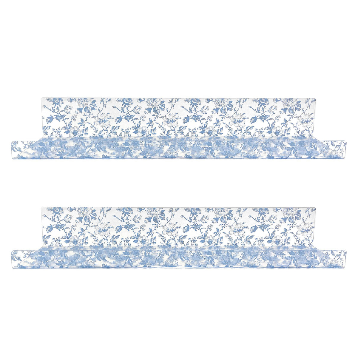 20” Blue Toile Acrylic Floating Wall Shelves, Set of 2 – Decorative Clear Wall Mounted Shelves for Bedroom, Bathroom Storage & Living Room Display