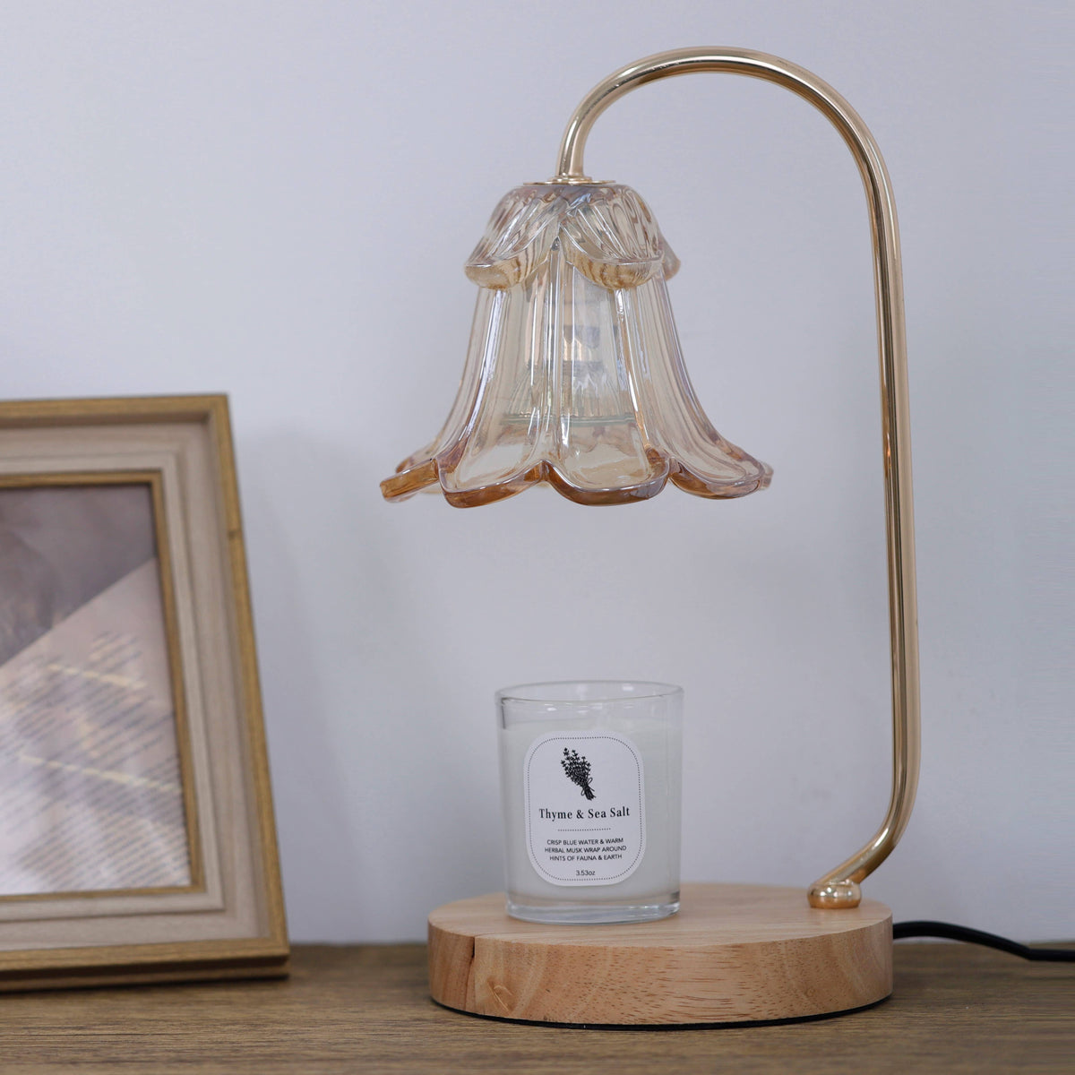 Amber Candle Warmer Lamp + Candle – Light Wood Round Base
