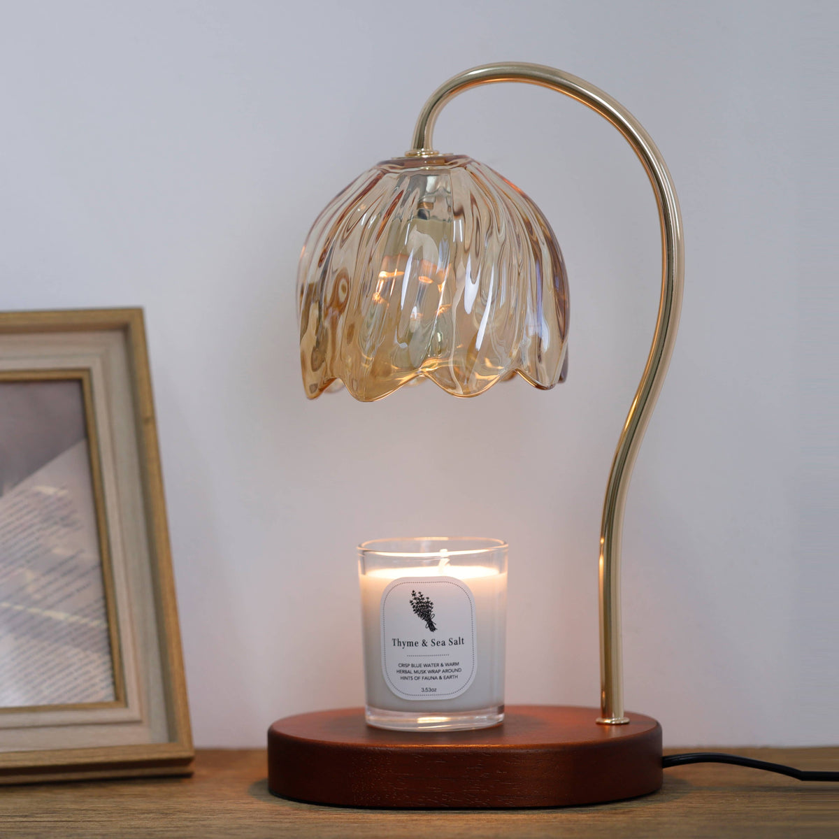 Amber Candle Warmer Lamp + Candle – Dark Wood Oval Base