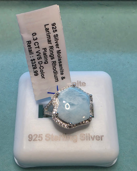 46 Larimar & .30ct Moissanite. 925 Rhodium Plated sz 7 Ring.