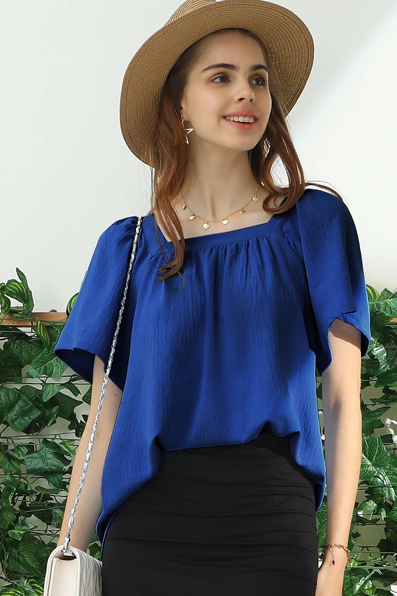 CWTBLS192-P_SQURE NECK RUFFLE NECK SHORT SLEEVE BLOUSES TOP