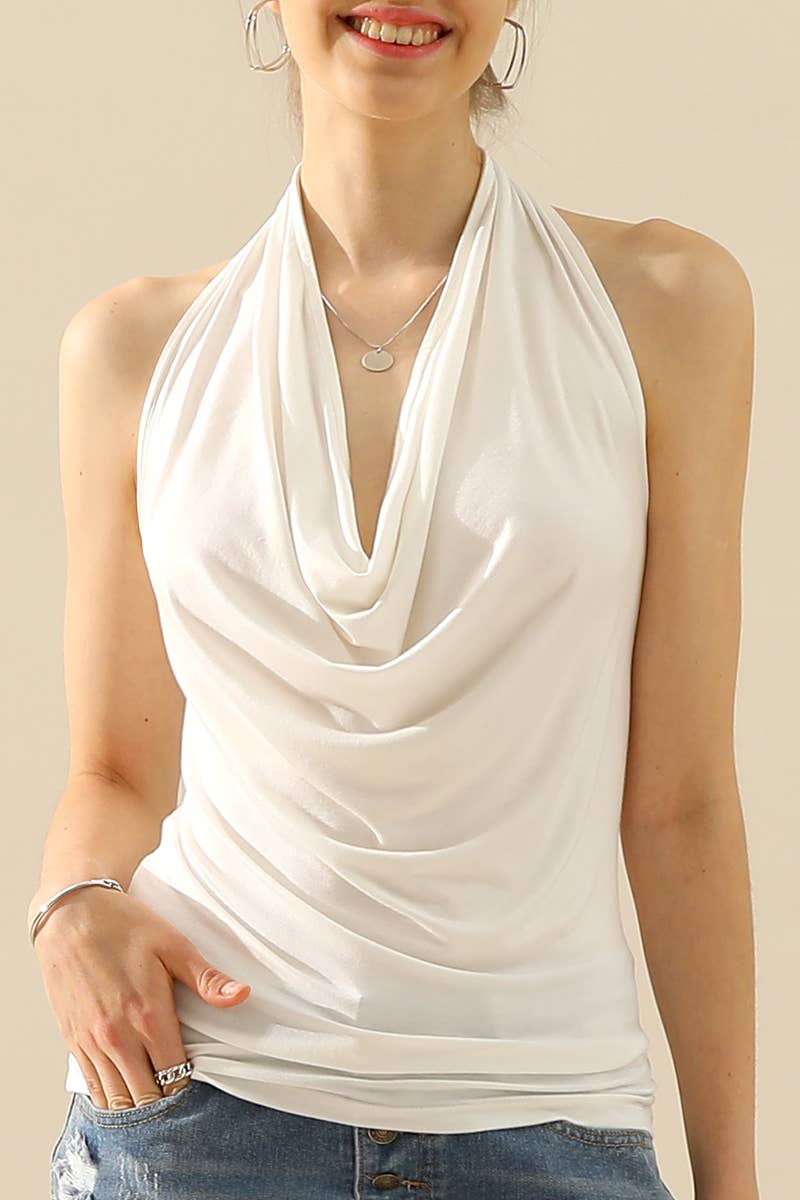AWTHT028-P_Halter Neck Draped Front Open Back Top