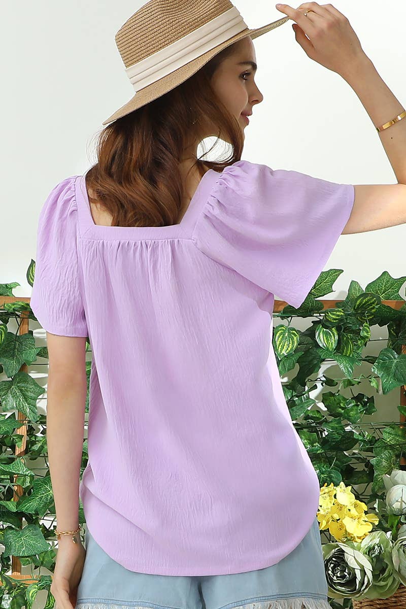 CWTBLS192-P_SQURE NECK RUFFLE NECK SHORT SLEEVE BLOUSES TOP