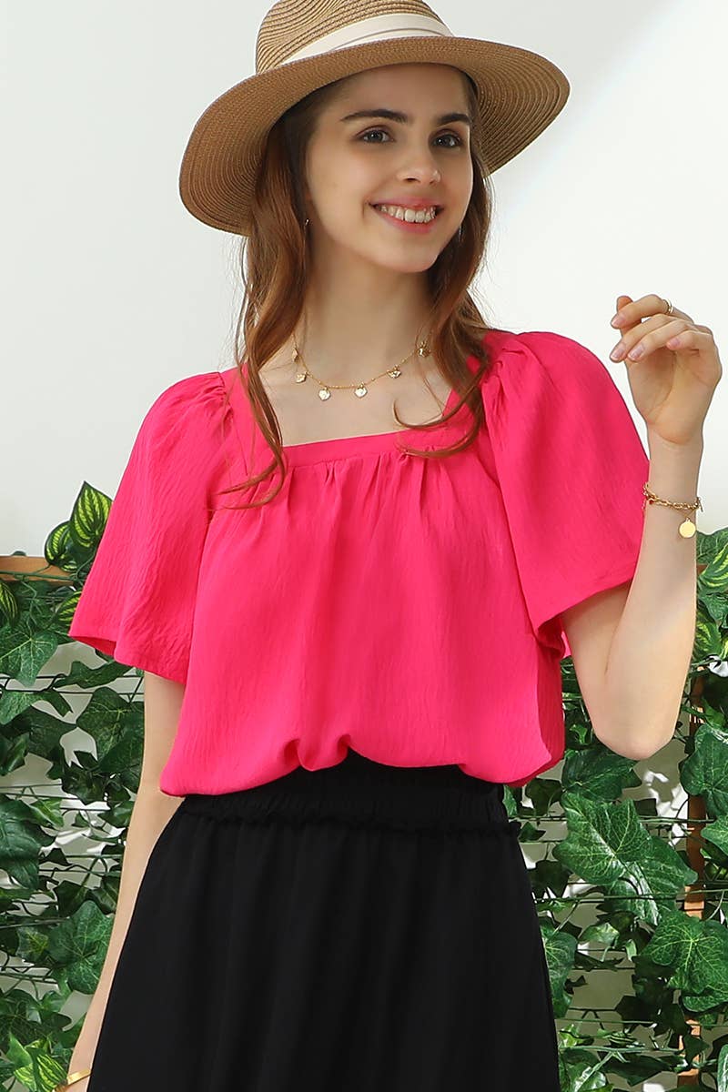CWTBLS192-P_SQURE NECK RUFFLE NECK SHORT SLEEVE BLOUSES TOP