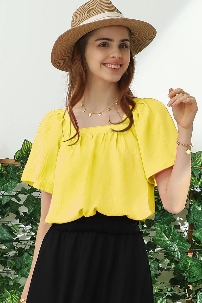 CWTBLS192-P_SQURE NECK RUFFLE NECK SHORT SLEEVE BLOUSES TOP