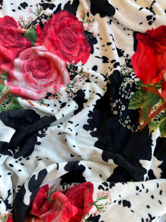 Black & White Cow Print & Roses Super Soft Plush Blanket