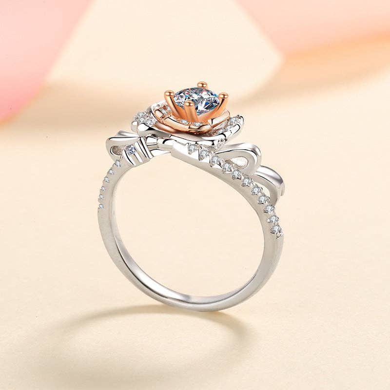 Moissanite Rose Flower Engagement Ring in Sterling Silver