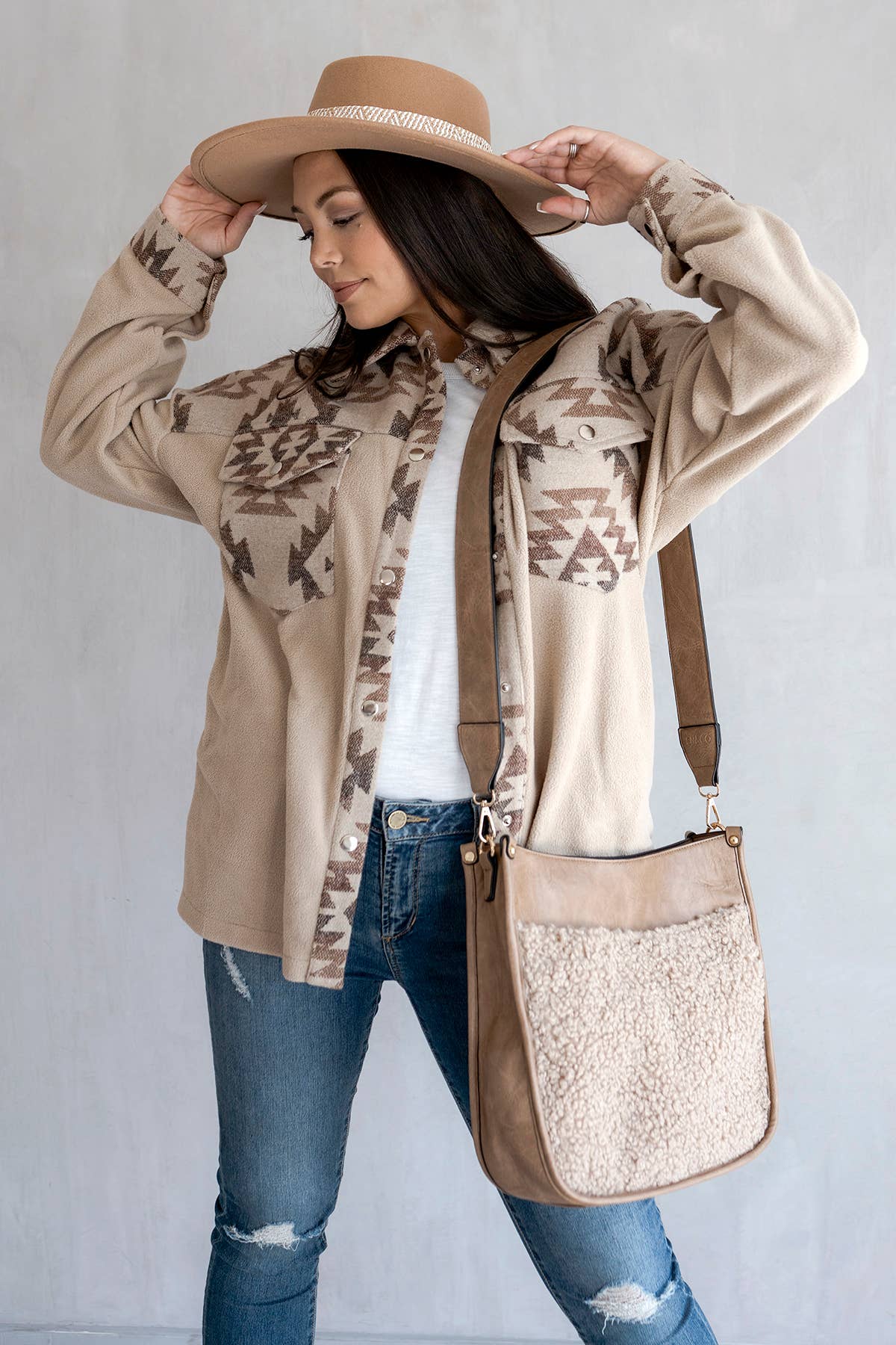 Chloe Teddy Trim Crossbody with Guitar Strap | M1977TED