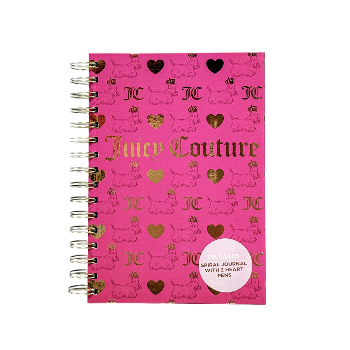 Juicy Couture Spiral Notebook, Hot Pink All-Over Logo, Gold Foil, 2 Heart Pens Included, Lined Pages Journal, 5.8 x 8.3 in