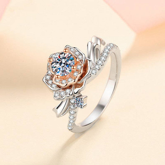 Moissanite Rose Flower Engagement Ring in Sterling Silver