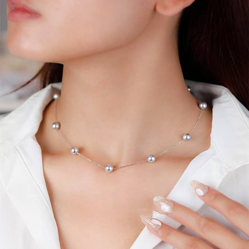 Minimalist Pearl Station Necklace in 925 Sterling Silver