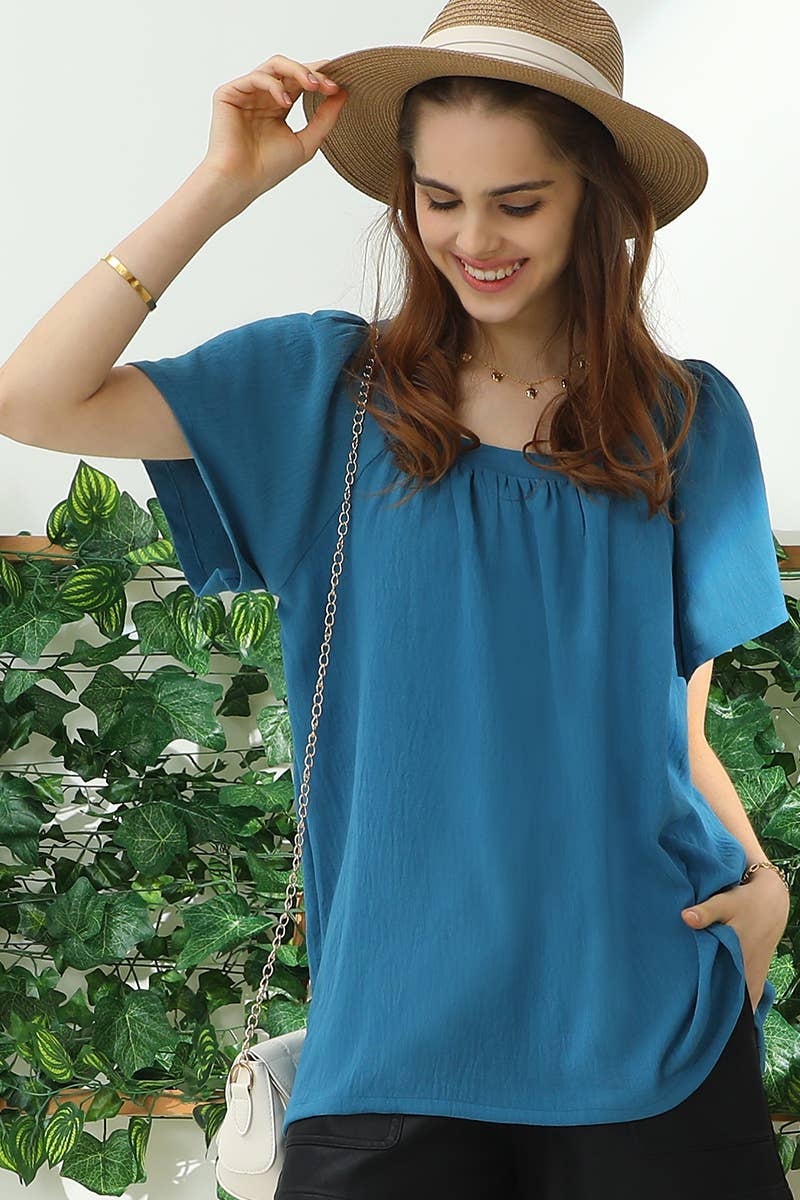 CWTBLS192-P_SQURE NECK RUFFLE NECK SHORT SLEEVE BLOUSES TOP