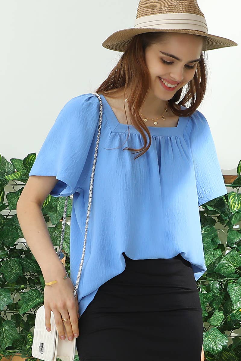 CWTBLS192-P_SQURE NECK RUFFLE NECK SHORT SLEEVE BLOUSES TOP