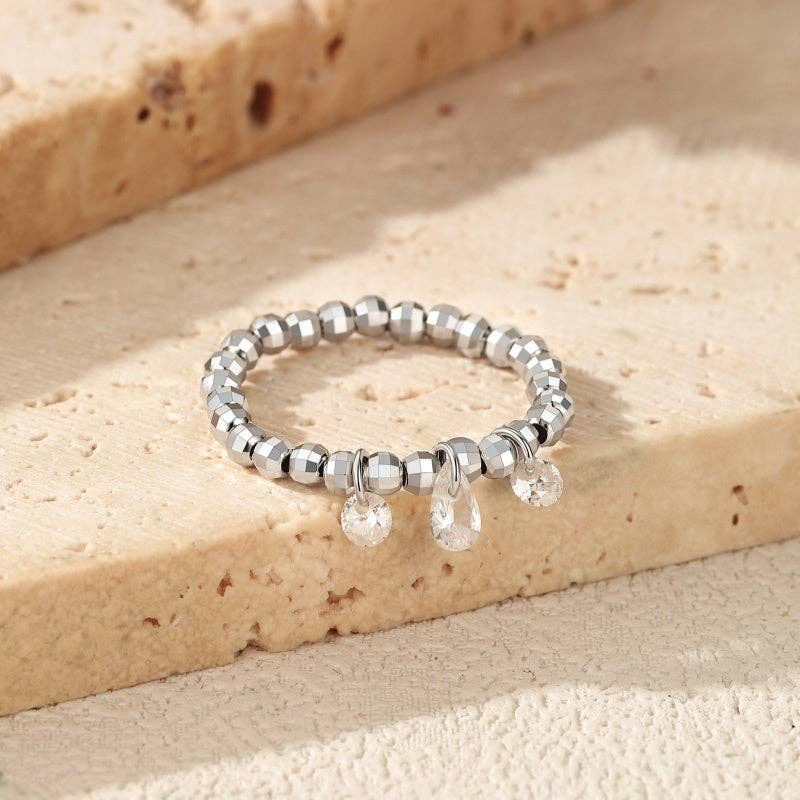 Triple Moissanite Dangle Beaded Ring in 925 Sterling Silver