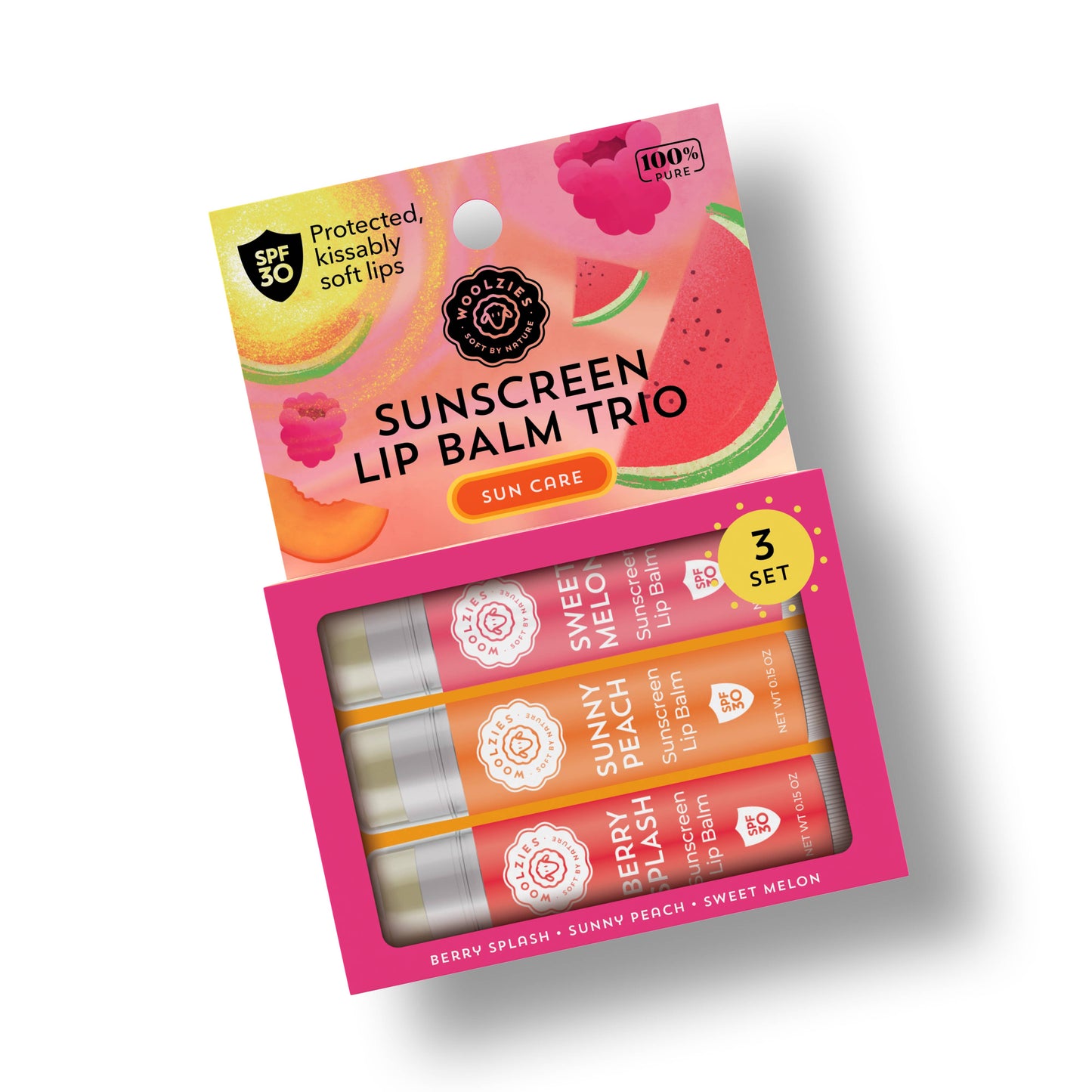 SPF Sunscreen Lip Balm Trio Sweet Melon, Sunny Peach, Berry