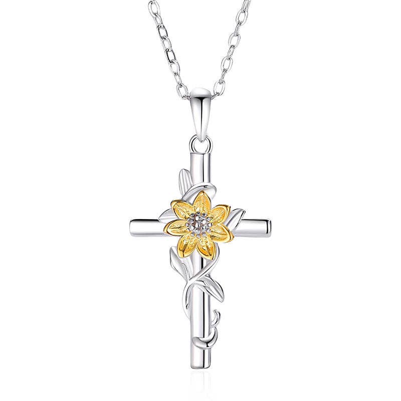 357 Gold Sunflower Cross Pendant Necklace in 925 Sterling Silver