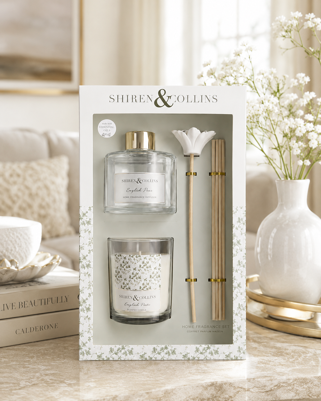 Green Toile Candle & Flower Reed Diffuser Gift Set