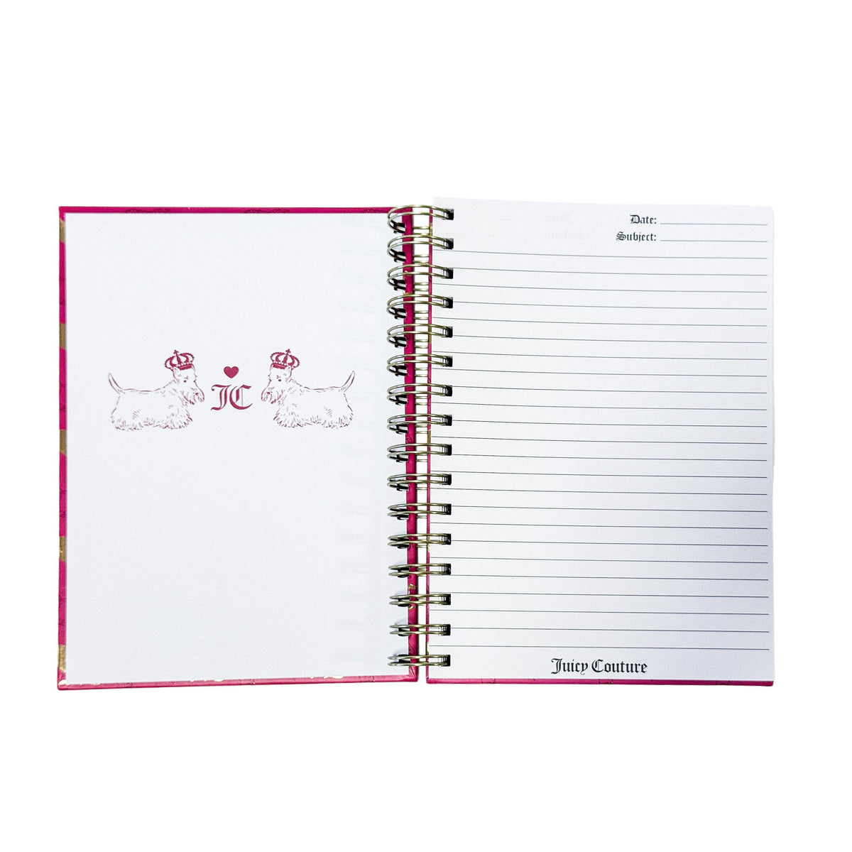 Juicy Couture Spiral Notebook, Hot Pink All-Over Logo, Gold Foil, 2 Heart Pens Included, Lined Pages Journal, 5.8 x 8.3 in