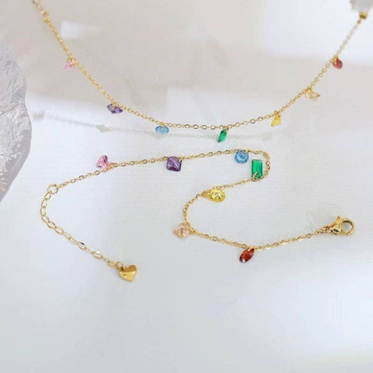 Rainbow Color Gemstone Charm Necklace in Stainless Steel