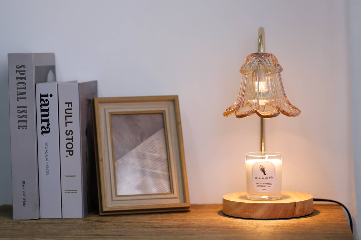 Amber Candle Warmer Lamp + Candle – Light Wood Round Base