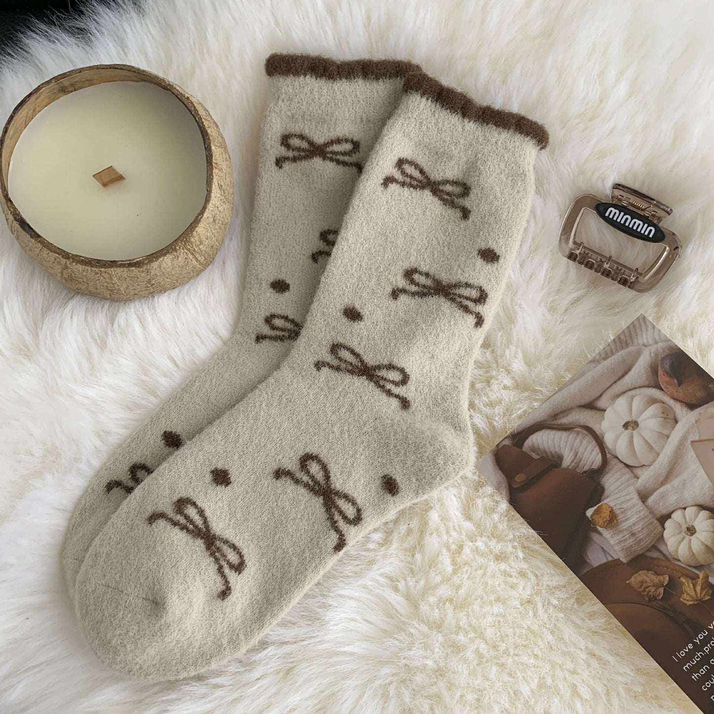 408 Plush Bow Ribbon Soft Warm Socks