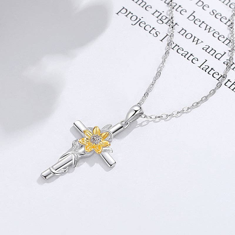357 Gold Sunflower Cross Pendant Necklace in 925 Sterling Silver