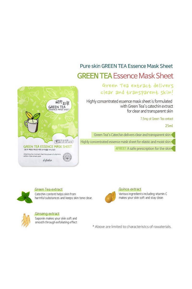 2835 Esfolio ESMPPUGR Green Tea Essence Facial Mask Sheet