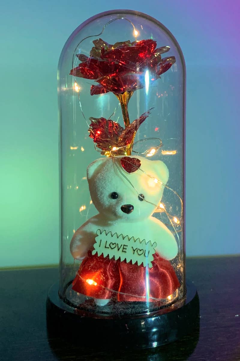 Teddy Bear Galaxy Rose Glass Dome LED Light Stand