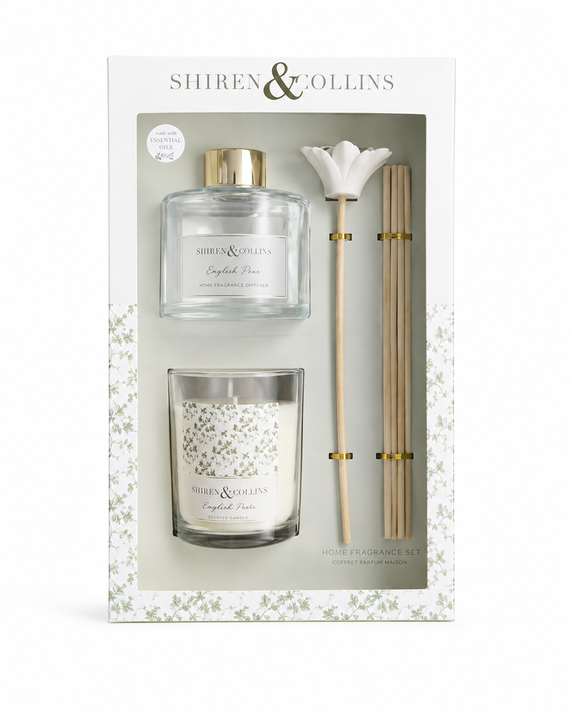 Green Toile Candle & Flower Reed Diffuser Gift Set