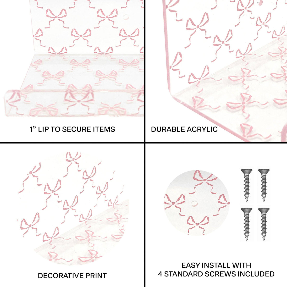 20” Pink Bow Acrylic Floating Wall Shelves, Set of 2 – Decorative Wall Mounted Shelves for Nursery, Girls Bedroom, Bathroom Storage & Room Decor