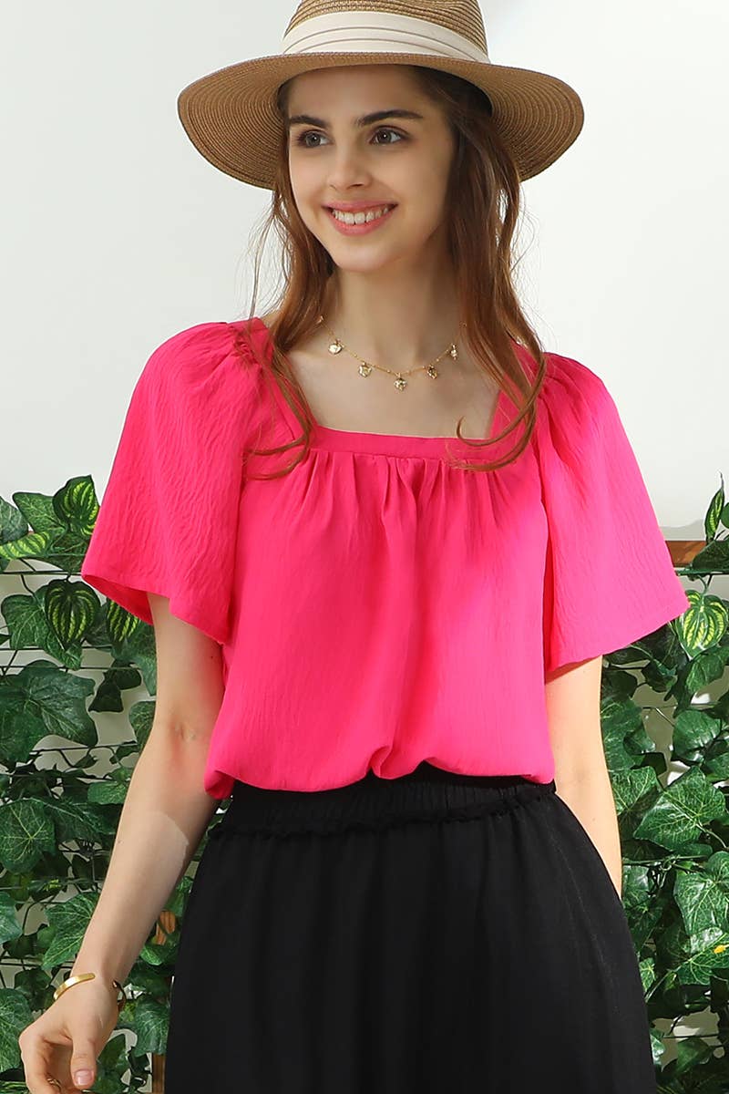 CWTBLS192-P_SQURE NECK RUFFLE NECK SHORT SLEEVE BLOUSES TOP